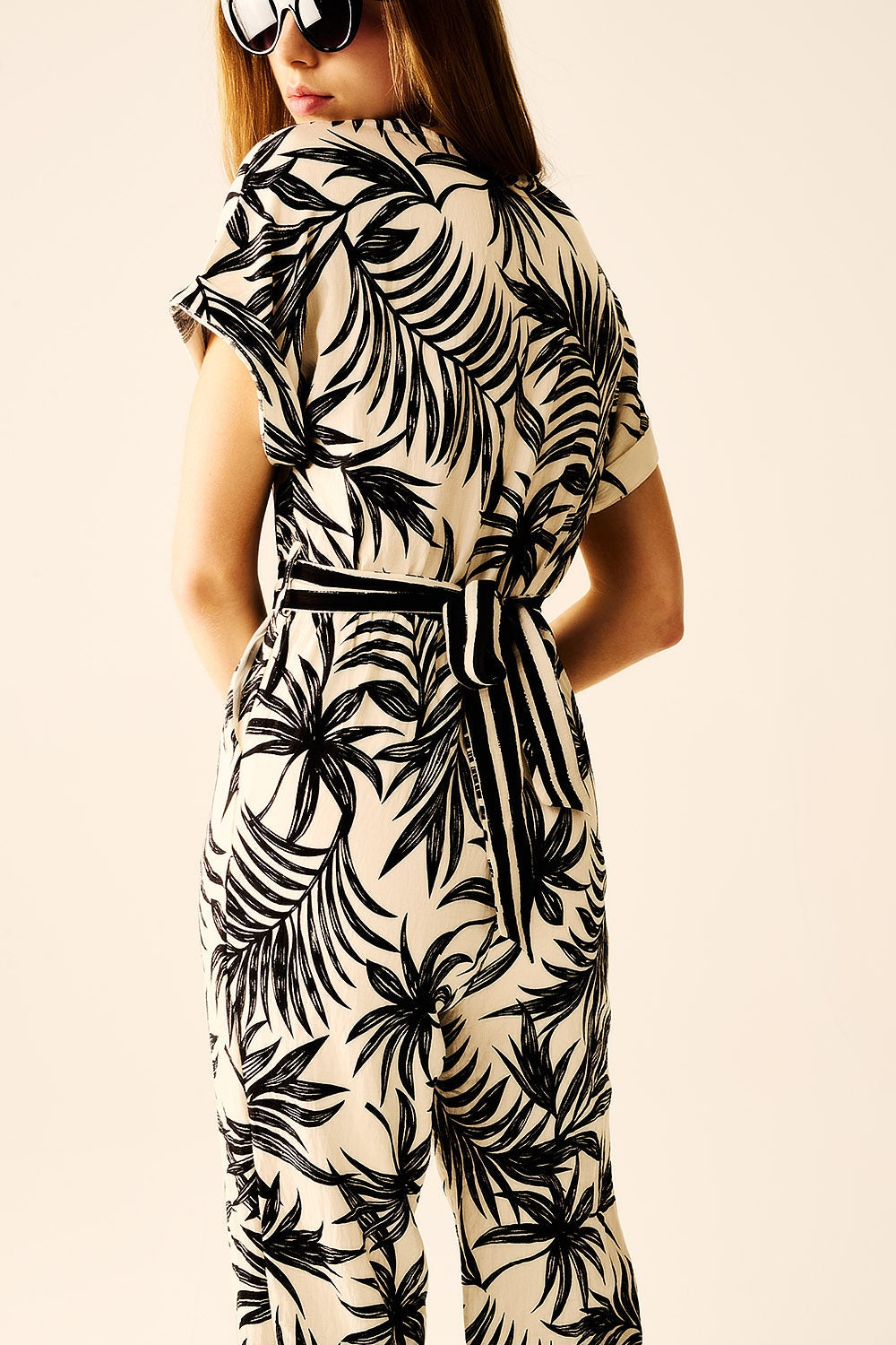 Floral Polo-Collar Short-Sleeve Jumpsuit