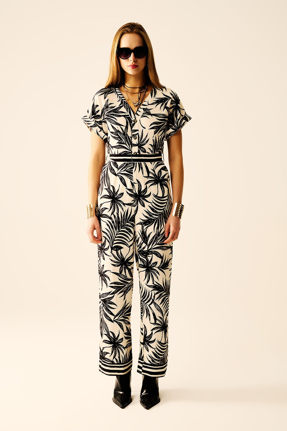 Floral Polo-Collar Short-Sleeve Jumpsuit