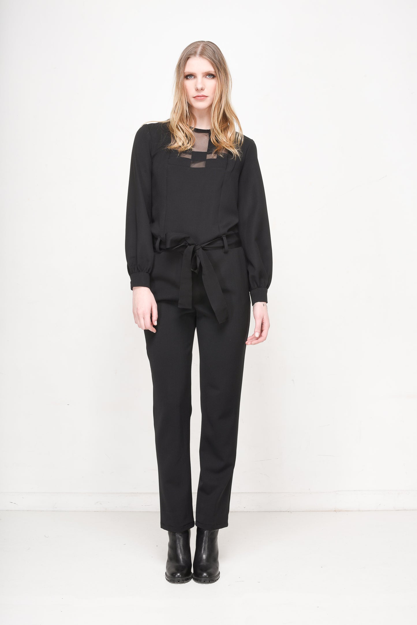 Black Jumpsuit with Victor Vasarely-Inspired Mesh Panels