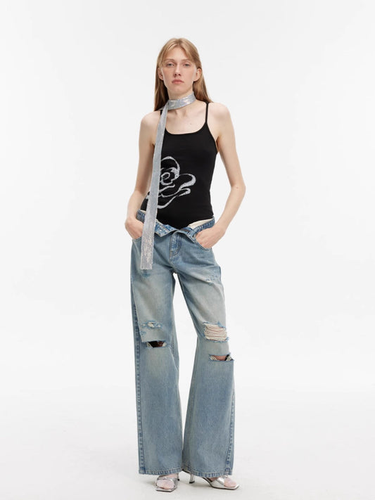 Vintage Light Grey Low-Waist Straight-Leg Flared Jeans