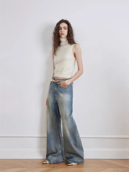 Modern Deconstructed Chicken-Claw Wrinkled Wide-Leg Jeans