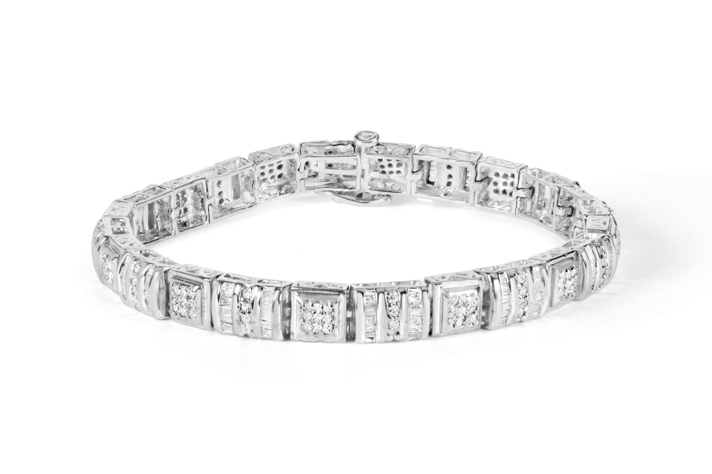 10K White Gold 2.00 Cttw Round & Baguette Cut Diamond Bracelet