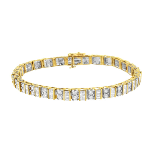 10K Yellow Gold 4.0 Cttw Alternating Baguette & Round Diamond Tennis Bracelet