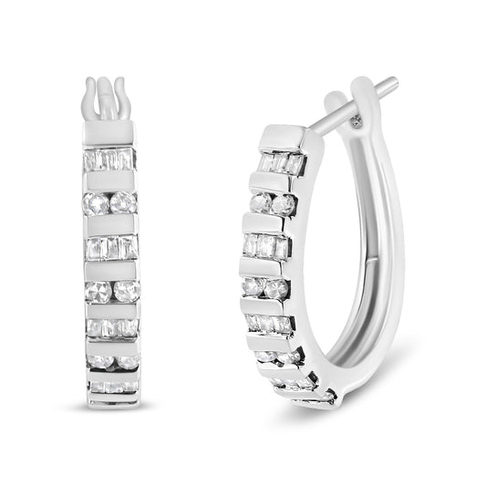 10K Yellow Gold Round & Baguette Diamond Hoop Earrings – 1.00 ctw