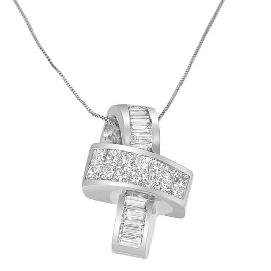14K White Gold Princess & Baguette Diamond Ribbon Pendant Necklace – 2.00 CTW
