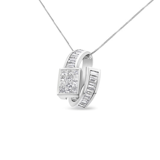 14K White Gold Princess & Baguette Cut Diamond Double Loop Pendant Necklace