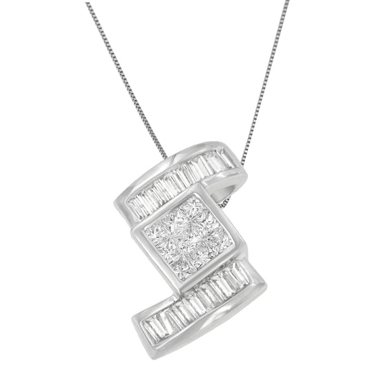 14K White Gold Princess & Baguette Diamond Zig Zag Pendant Necklace – 1.40 CTW