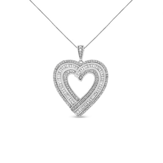 .925 Sterling Silver 1 3/8 Cttw Baguette Diamond Heart Pendant Necklace