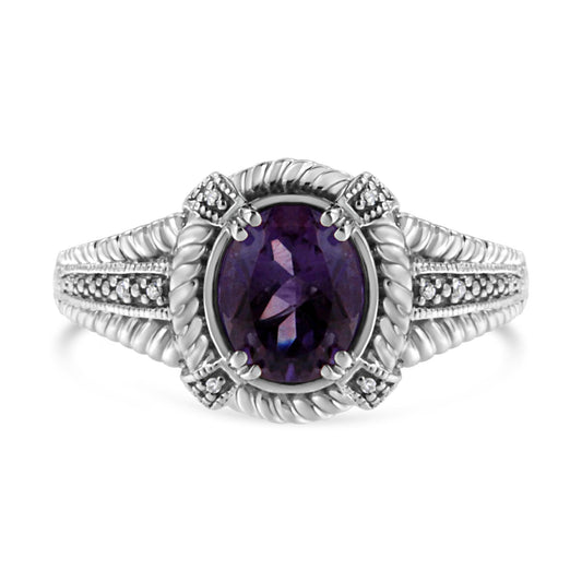 Sterling Silver Oval Amethyst & Diamond Accent Rope-Border Ring