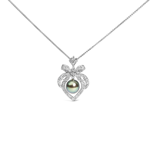 Tahitian Pearl & Diamond Heart Pendant Necklace in 18K White Gold