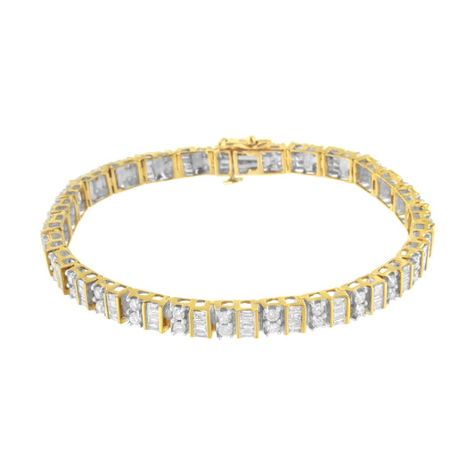 10K Yellow Gold 4.0 Cttw Alternating Baguette & Round Diamond Tennis Bracelet