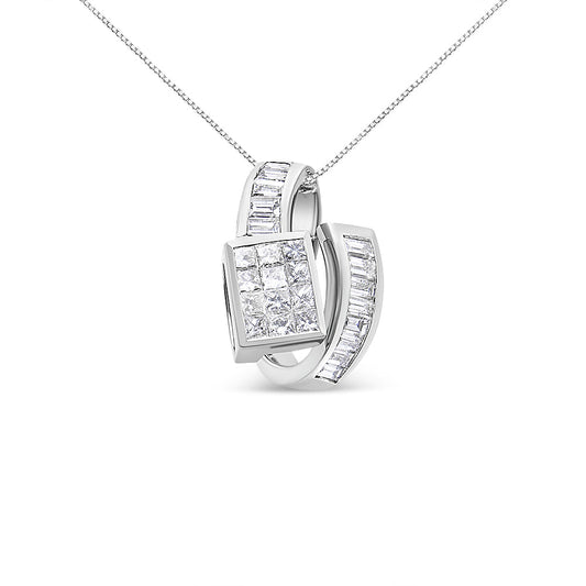 14K White Gold Princess & Baguette Cut Diamond Double Loop Pendant Necklace
