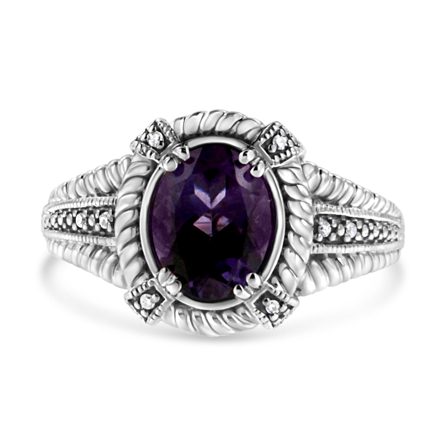 Sterling Silver Oval Amethyst & Diamond Accent Rope-Border Ring