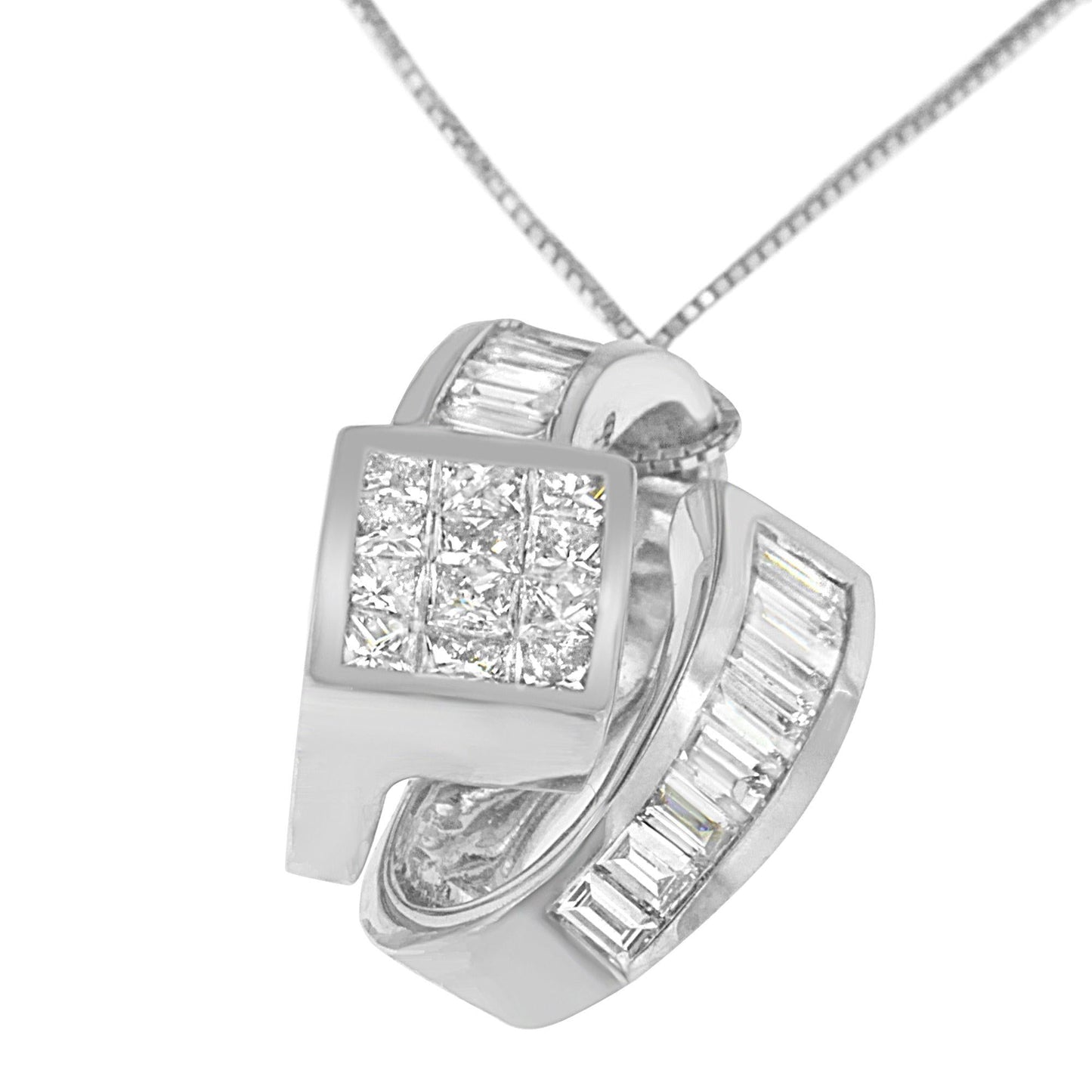 14K White Gold Princess & Baguette Cut Diamond Double Loop Pendant Necklace