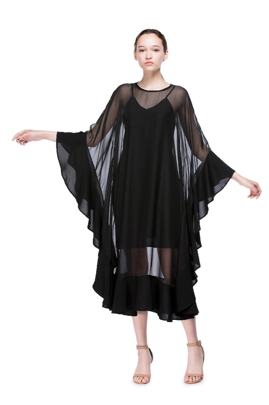 Boat Neck Chiffon Dress with Flounced Hem