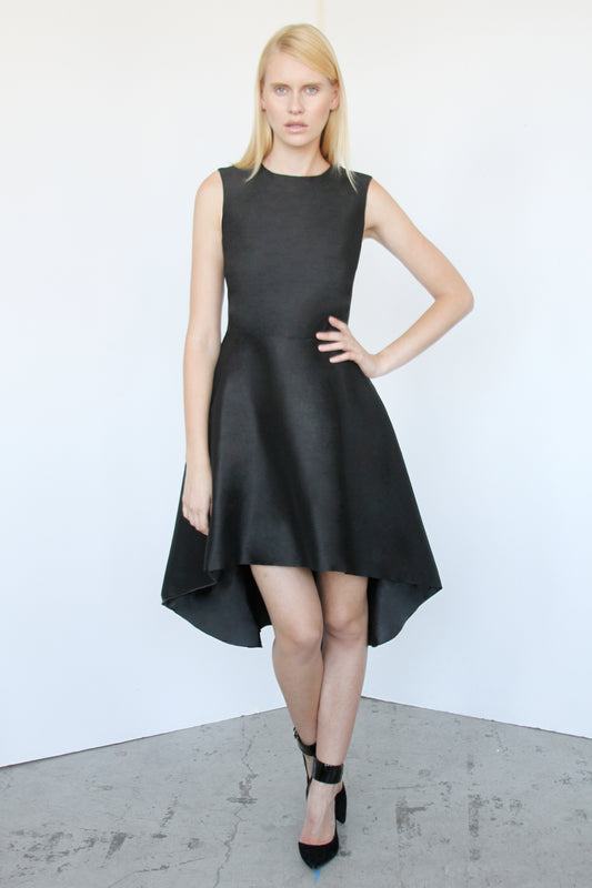 Black Hi/Lo Sleeveless Dupioni Dress – Made in New York