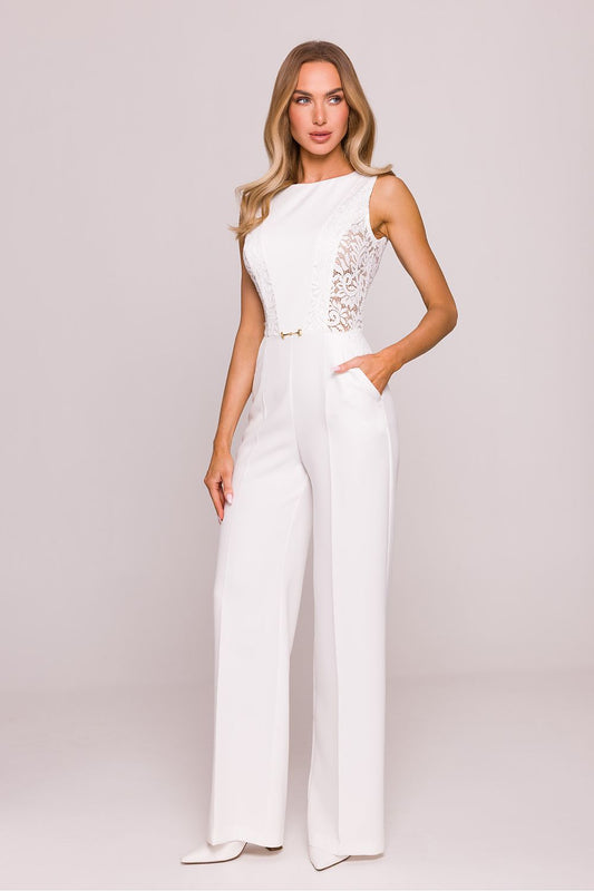 Geometric Lace Panel Wide-Leg Jumpsuit