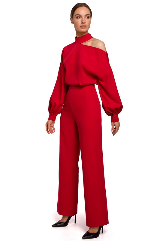 One-Shoulder Slit Neckline Jumpsuit with Buffet Sleeves