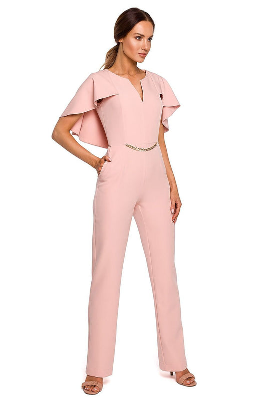 Cape Detail Chain-Accent Pantsuit
