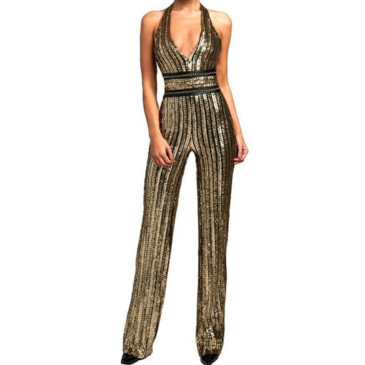 Sequin Striped Plunge Jumpsuit – Dazzle in Every Step