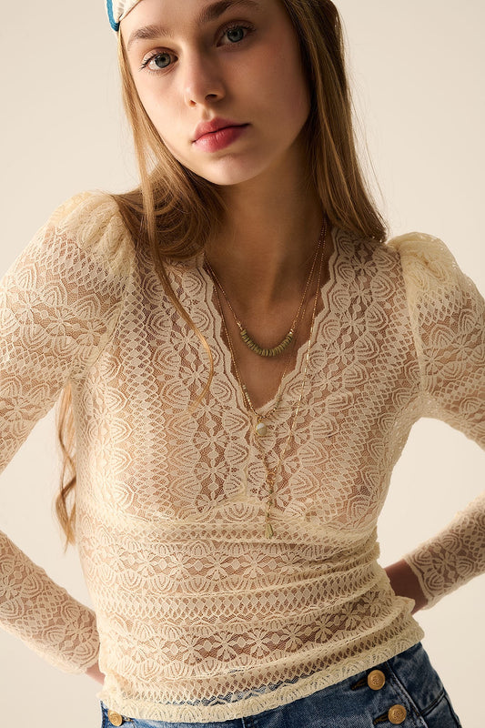 Romantique — V-Neck Floral Lace Bodycon Top